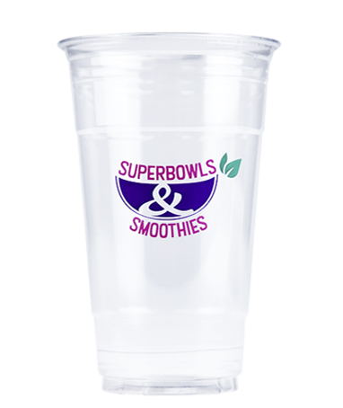 A custom printed plastic cold cup with a "Superbowls & Smoothies" logo.
