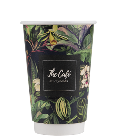 Double wall paper hot cup with floral pattern and custom logo.