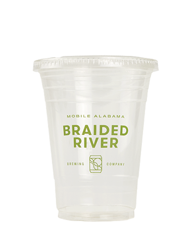 Custom printed plastic cold cup with "Braided River" logo.
