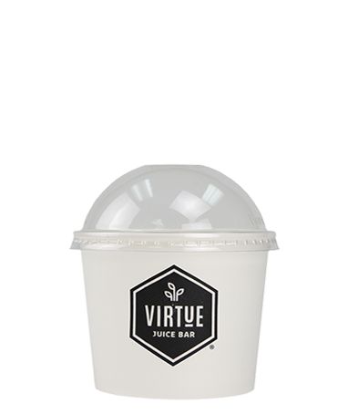 A paper food cup with lid and "Virtue Juice Bar" logo.
